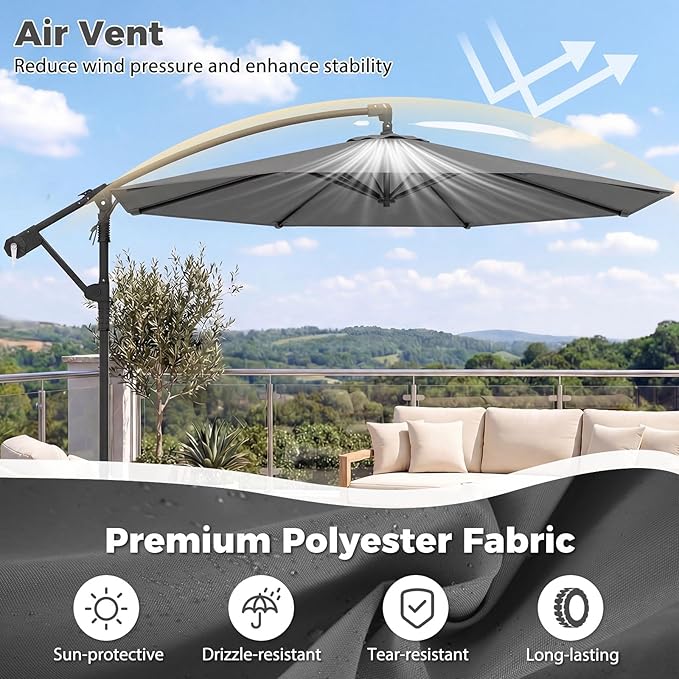 Tangkula 10ft Patio Umbrella with Base Included, Offset Cantilever Outdoor Umbrella with 360 Degree Rotation, Crank Handle, Sun-Protective Canopy for Pool Deck Garden Backyard (Gray)
