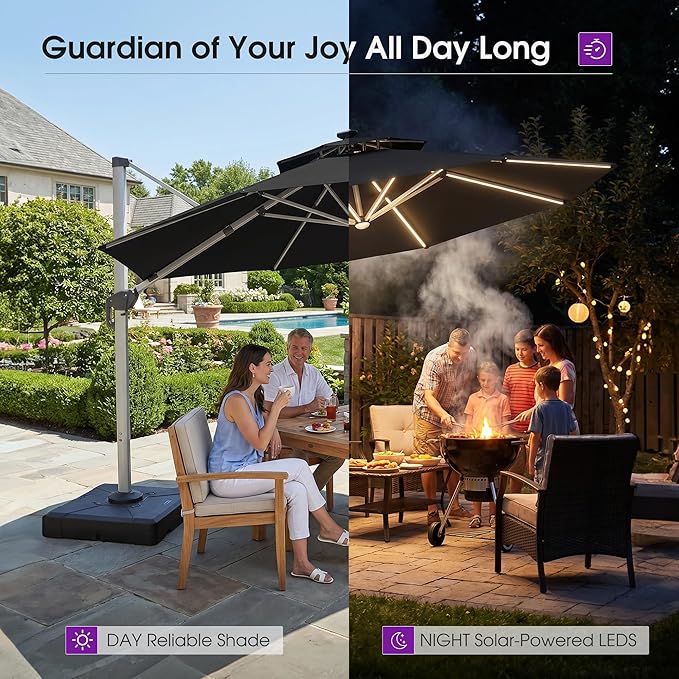 PURPLE LEAF Cantilever Umbrella with Base 13ft Outdoor Round Patio Solar Powered LED Umbrella with 360-degree Rotation for Garden Deck Pool Patio, Grey