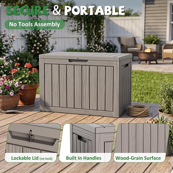 DRATO 50 Gallon Outdoor Storage Box Waterproof, Lockable Resin Deck Box for Patio Furniture, Pool Supplies & Garden Tools, Weatherproof Outside Storage Bin for Backyard Porch (Grey, 50 Gallon)