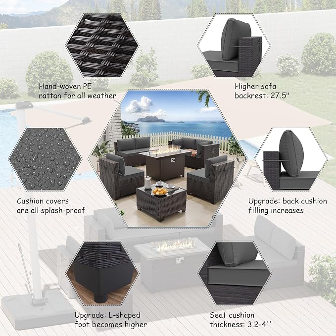 ALAULM 8 Pieces Patio Furniture Set with Aluminum Fire Pit Table Outdoor Furniture Sets 55000BTU Gas Fire Pit Brown PE Rattan Wicker Patio Conversation Sets w/6 Cushions-Grey