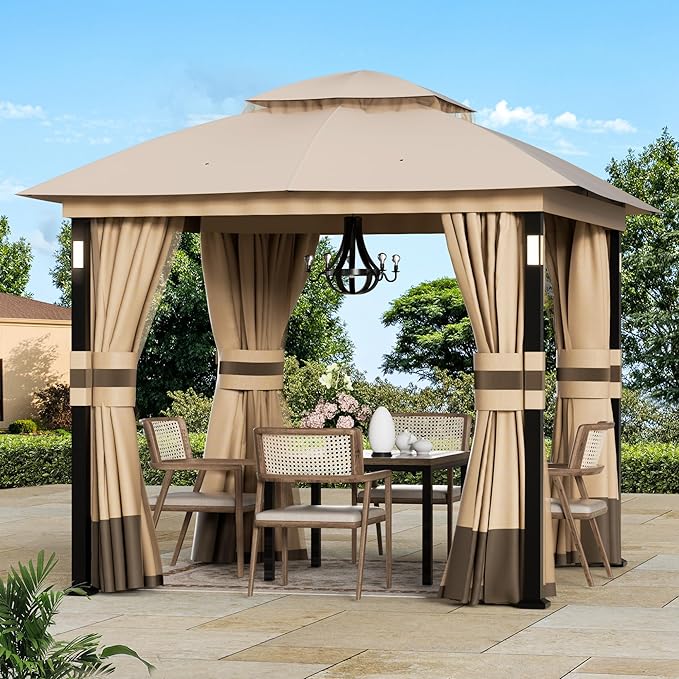 Covered Outdoor Patio Gazebo 8'x8' with LED Lights & Bluetooth Speaker, Heavy Duty Outdoor Canopy Shelter with Metal Frame, Double Roofs, Soft Top Gazebo with Netting and Curtains, Khaki