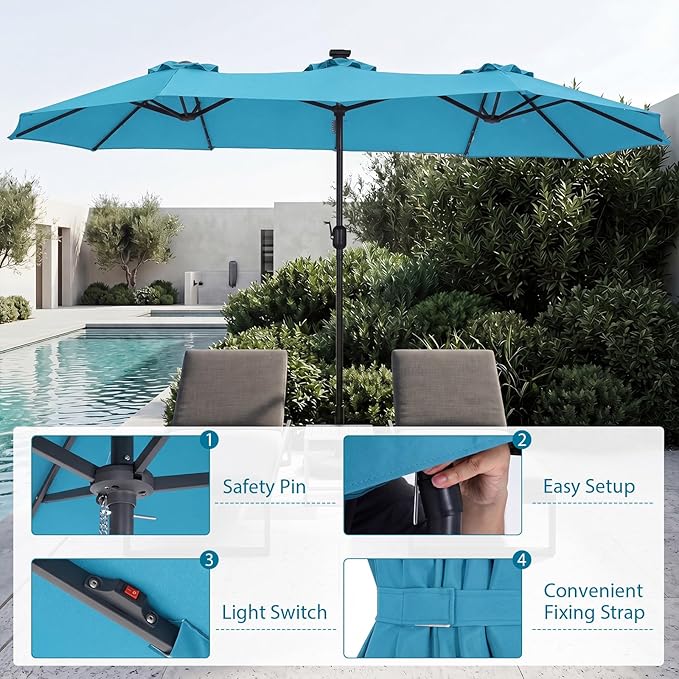 Tangkula 13 Ft Solar Patio Umbrella, Double-Sided Extra Large Outdoor Market Table Umbrella with 36 LED Lights, Crank Handle, 12 Sturdy Ribs for Poolside, Garden & Backyard (Turquoise)