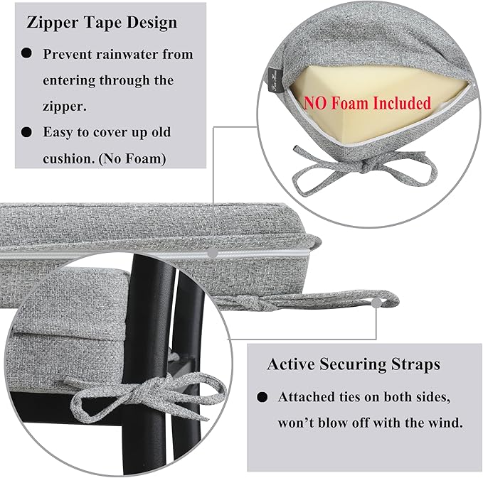 FUNHOME Patio Cushion Covers 22 x 20 x 4 Inch, No Insert! 2 Pack Water Repellent Outdoor Chair Seat Cushion Slip Covers with Zipper and Tie, Replacement Cover Only(Light Grey)