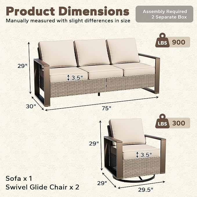 Wicker Patio 75" Sofa Set with 2 Swivel Chairs, All Weather Rattan Outdoor Conversation Furniture Set with Wood-Looking Metal Armrest & Removable Cushions for Backyard Porch, Beige