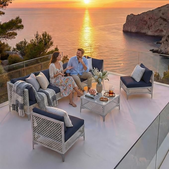 ENSTVER 7-Piece Outdoor Patio Furniture Set, Value Lightweight Boho Outdoor Sectional with Handwoven Wicker & Easy Assembly, Durable Outdoor Sofa for Small Patio, Balcony（Cushion Navy Blue）