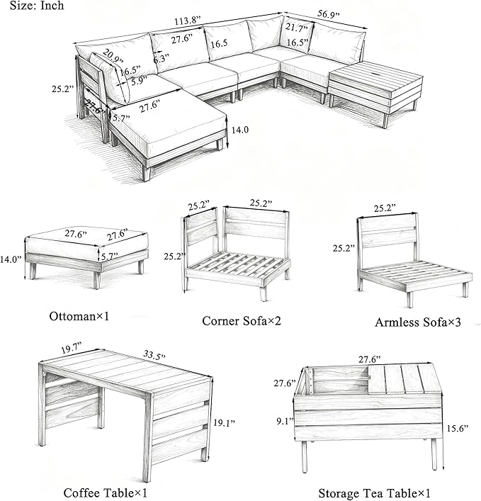 VilroCaz 8-Piece Acacia Wood Outdoor Patio Sofa Set, Modular Sectional Furniture Set with Storage Tea Table, Coffee Table, All-Weather Conversation Set with Cushions for Backyard Poolside