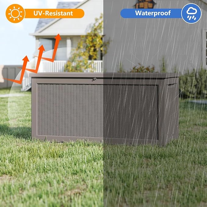 320 Gallon Deck Boxes Outdoor Waterproof, Outdoor Storage Box with Lockable Lid & UV-Resistant for Patio Furniture, Outdoor Cushions, Garden Tools and Pool Supplies, Light Brown