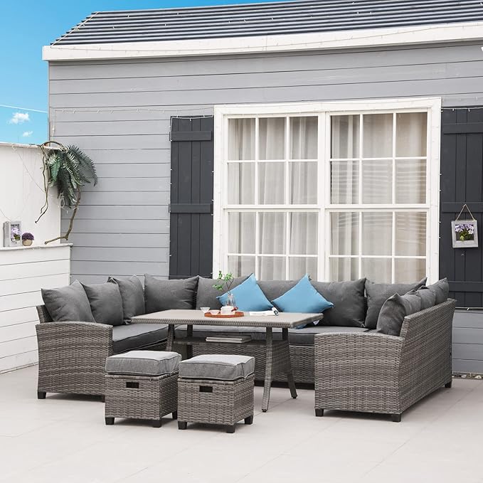 Outsunny Patio Furniture Set, 6 Piece PE Wicker Outdoor Furniture, Conversation Set with Ottomans, Table & Chairs, All Weather Sectional Sofa Couch, Blue Pillows, Gray