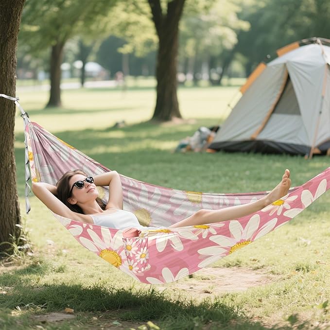 Portable Single Hammock Pink Pattern White Daisy Garden Yard Outdoor Hammocks