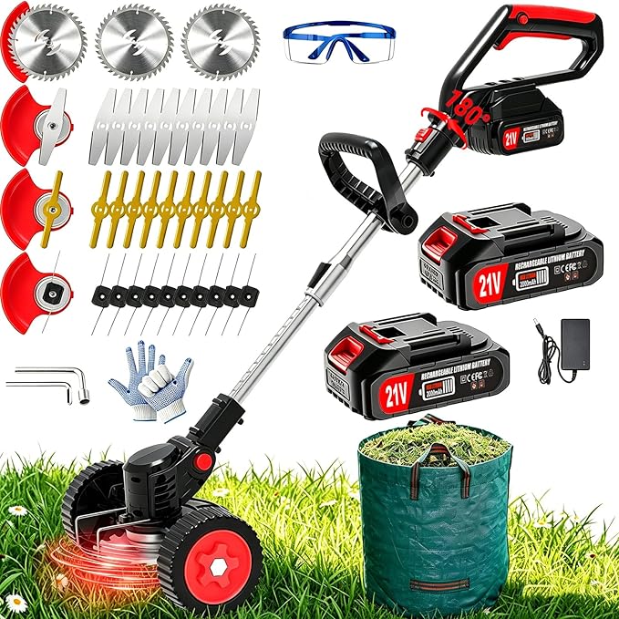 Electric Weed Wacker Cordless Eater, 21V String Trimmer Battery Powered with 2 Batteries, 3-in-1 Grass Trimmer/Lawn Edger/Brush Cutter with 4 Types Blades & Wheels, Weed Trimmer for Garden and Yard