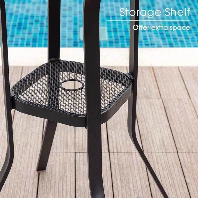 VICLLAX Outdoor Bar Table, 35.4" Wide Round Patio Bar-Height Table Metal Slatted Tabletop with Umbrella Hole for Balcony Front Porch Deck, Black