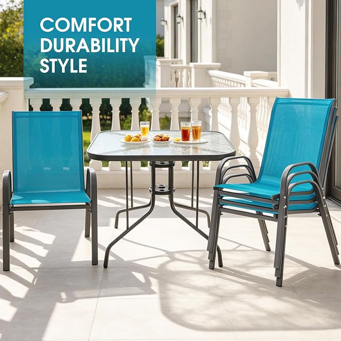 5 Piece Patio Dining Set with Wider 24.4" Stackable Chairs, Outdoor Dining Set for 4 with 36"*36" Table, Gery Metal Frame and Blue Textilene