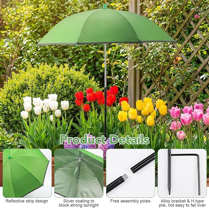 Prudiut Plant Umbrellas for Outdoor Plants, UV Garden Umbrella Shade from Intense Sunlight, Adjustable Height Plant Shade Umbrella with Reflective Strip for Potted Plants, Garden Bed and Flower Pot