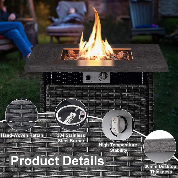 HUMMUH 8 Piece Patio Furniture with Fire Pit,PE Wicker Outdoor Conversation Sets-6-Seater Sofa,Patio Swivel Chairs Outdoor Chairs, Propane Fire Pit,Side Table for Porch,Garden,Backyard