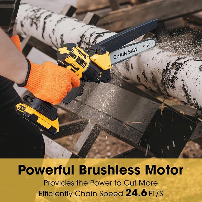 Mini Chainsaw for Dewalt 20V MAX Battery, 8-Inch Brushless Cordless Pruning Chainsaw, 24.6FT/S Fast Powerful Cutting, 4000RPM Electric for Wood Cutting(Battery Not Included) (Yellow)