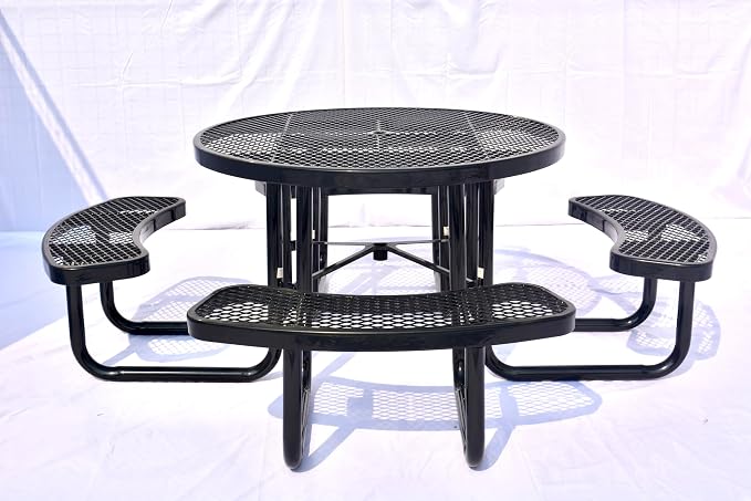Heavy Duty 46" Steel Round Picnic Table, Expanded Metal Outdoor Table (Black)