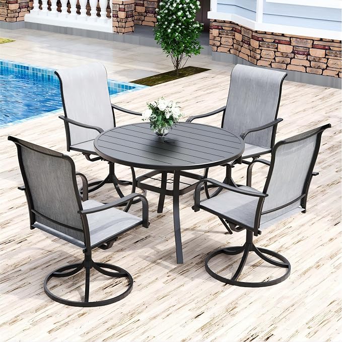 Anmutig 5 Piece Outdoor Patio Dining Set, 4 Swivel Rocking Patio Chairs & 41" Round Dining Table Outdoor Furniture for Backyard Bistro Garden Poolside, Grey