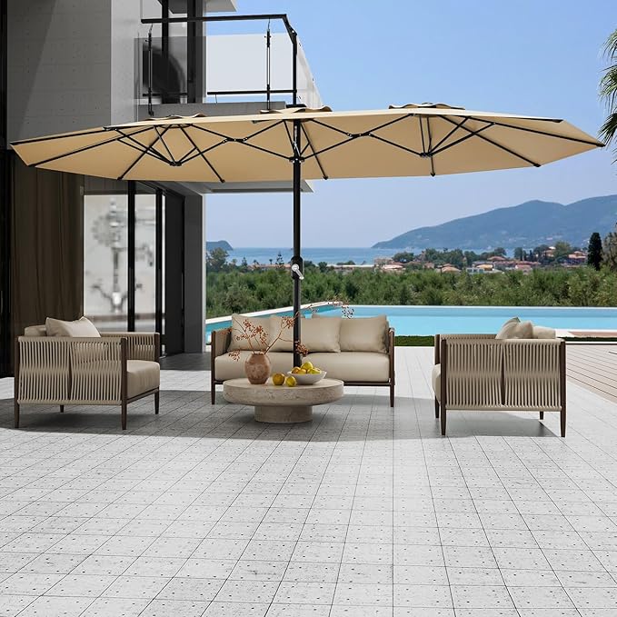 15 ft Umbrella Outdoor Patio with Base, Double-Sided Rectangular Outdoor Shade,UV & Fade-Resistant Polyester, Easy Crank Lift,Waterproof Market Umbrella for Pool, Garden, Backyard