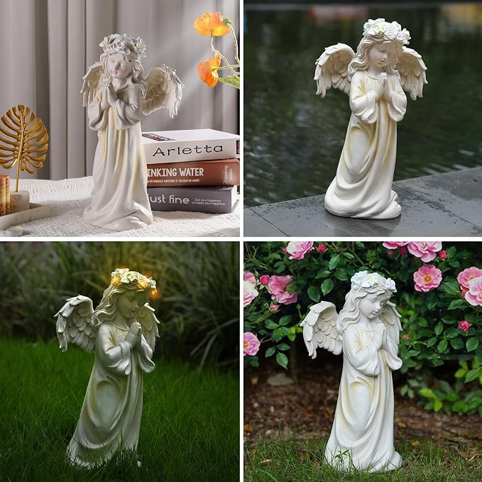 Angel Garden Statue, Memory Guardian Solar Decor with Warm Light | Waterproof Outdoor Garden Decor Praying Angel Figurine Sculpture for Lawn Yard Patio, Sympathy Present, White
