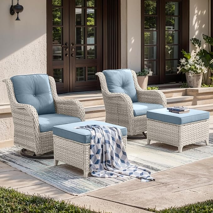 Outdoor Swivel Chairs-Patio Swivel Glider Chairs with Ottomans Outdoor Conversation Set for Deck Balcony Poolside Backyard-Light Grey/Light Blue