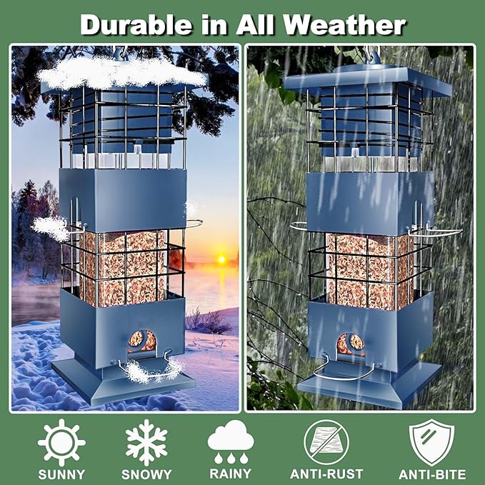 Squirrel Proof Bird Feeder,3Lbs Metal Birdfeeders Anti-Squirrel with 4 Feeding Ports for Outdoors Hanging, Chew-Proof Wild Birdseed Feeder for Cardinal, Sparrow
