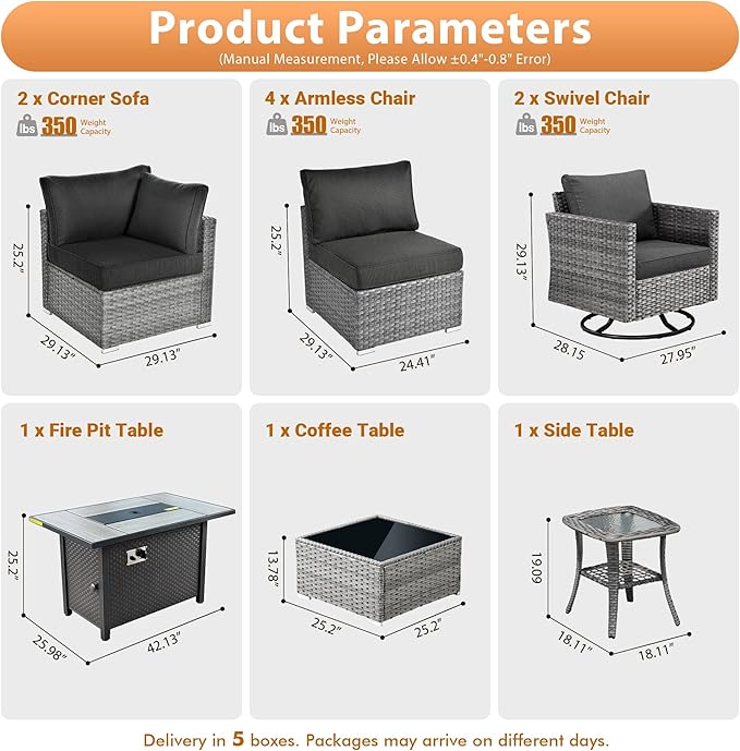 11 PCS Outdoor Patio Furniture Sets with 42'' Fire Pit Table,Wicker Weather Resistant Patio Conversation Set with 2 Wicker Rocking Chair,Modular L Shaped Sofa with Coffee Table for Yard,Black