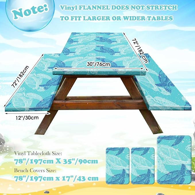 Boao 3 Pcs Vinyl Picnic Table Cover with Bench Cover 6 ft 30 x 72 Inch Waterproof Fitted Tablecloth Flannel Backing Rectangular Elastic Edged for Camping Outdoor Patio Travel(Turtle)