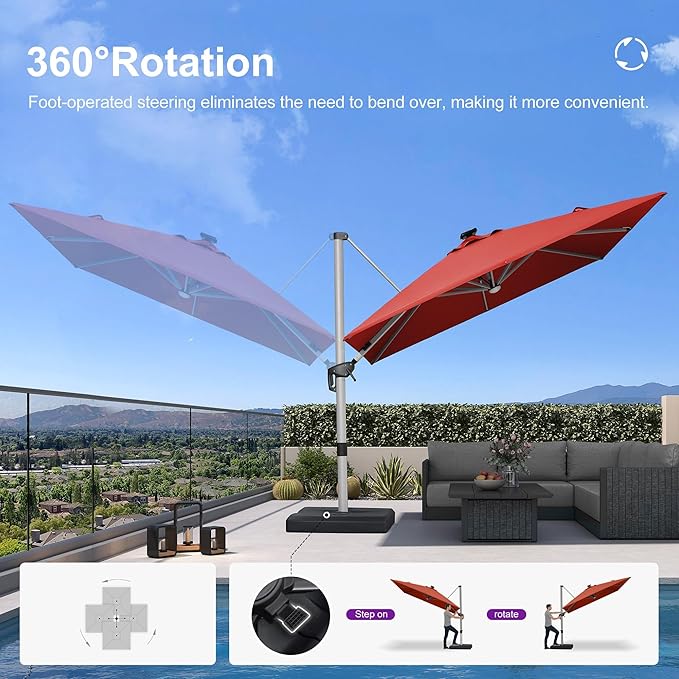 PURPLE LEAF 9' X 12' Patio Umbrella with Lights Outdoor Rectangle Cantilever Umbrella Solar Powered LED with 360-degree Rotation for Garden Deck Pool Patio, Terra