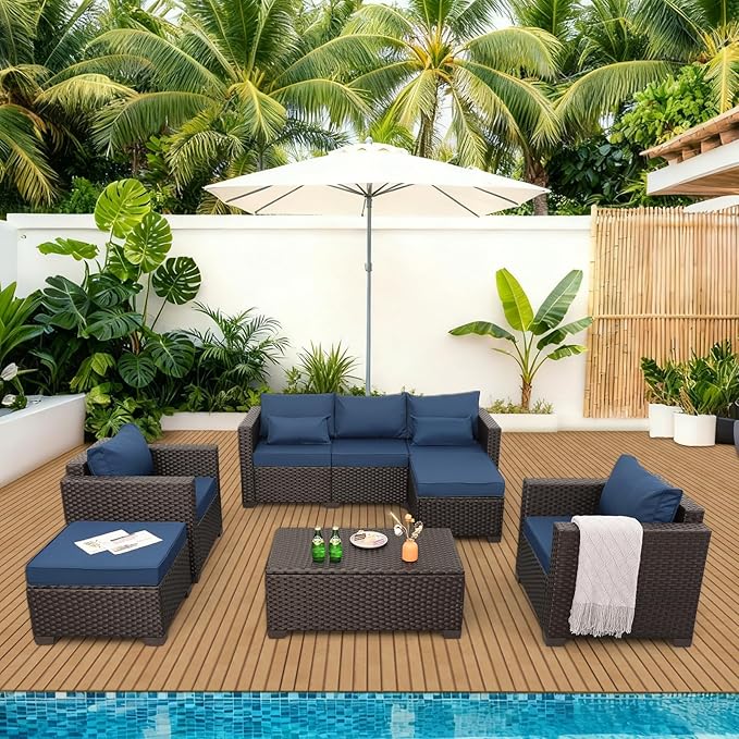 6 Pieces Patio Outdoor Furniture Conversation Sets Patio Wicker Sofa Set with Outdoor Couch Patio Chairs and Storage Table Non-Slip Cushions Waterproof Covers, Navy Blue
