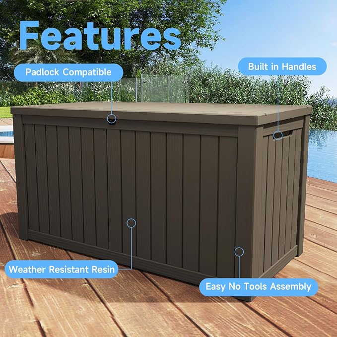 Pepe Tee 150 Gallon Waterproof Resin Deck Box, Outdoor Storage Bin for Patio Furniture Cushions, All-Weather Garden Organizer & Seating Bench, Coffee