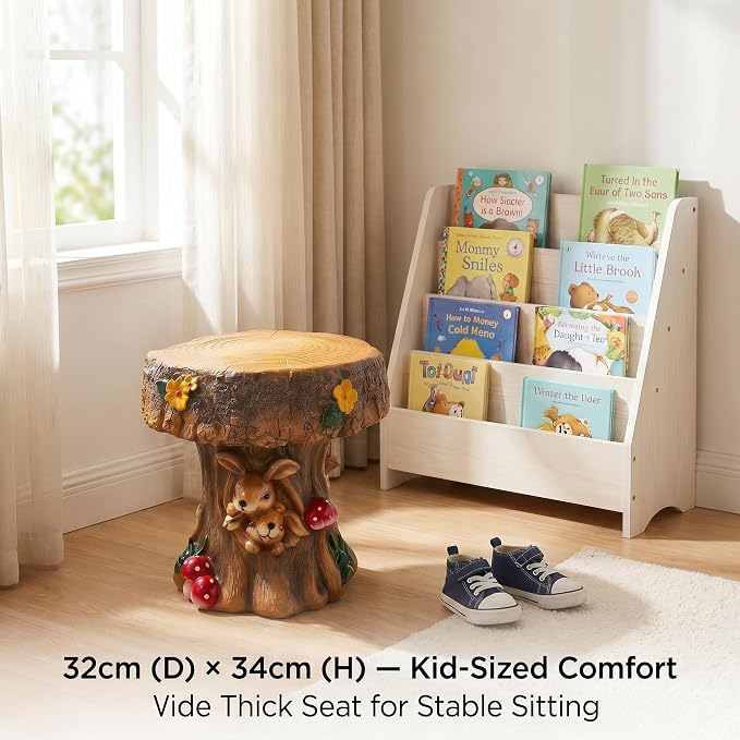12.6" Resin Rabbit Tree Stump Stool – Whimsical Indoor Outdoor Garden Chair, Decorative Accent Seat for Patio Backyard Terrace, Unique Forest Animal Figurine Decor for Kids Room & Garden