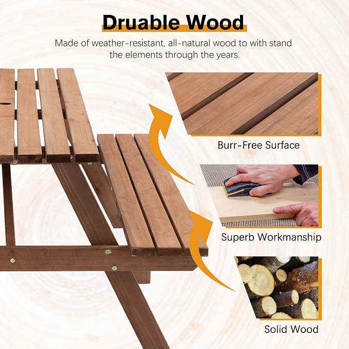 8 Person Wood Picnic Table, Rectangular Outdoor Wooden Picnic Table with 2 Built-in Benches, Umbrella Hole, Outside Table and Bench Set for Garden, Backyard, Porch, Patio, 2220lb Capacity - Brown