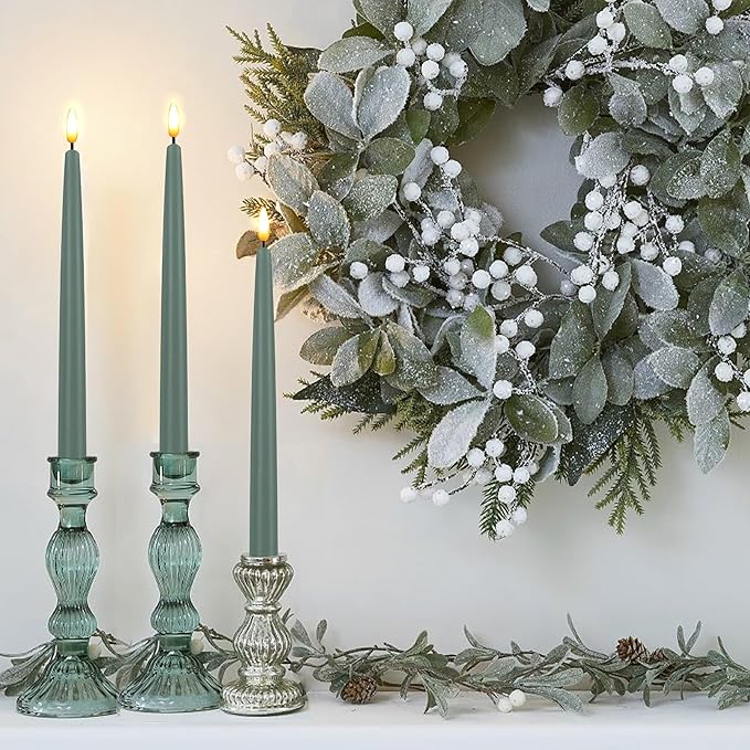 CVHOMEDECO. Flameless Taper Candles with 10-Key Remote, Battery Operated Led Flickering 3D Wick Window Candles Real Wax Finished Home Christmas Party Decor 0.78 x 11 Inch, Pack of 3, Grey Green
