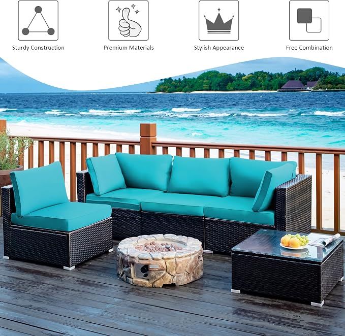 Tangkula 5 Pieces Patio Furniture Set, All Weather Wicker L-Shaped Corner Sofa Set w/Soft Cushions, Outdoor Sectional Conversation Couch Set w/Glass Table for Backyard Garden Poolside (Turquoise)