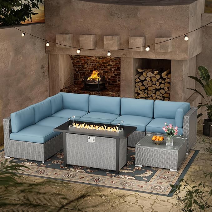 Oakcloud 8-Piece Outdoor Patio Furniture Sofa Set with 45” Propane Gas Fire Pit Table, Grey Rattan Wicker Sectional Conversation Sets with Glass Top Tables and Cushions(Haze Blue, w/Fire Pit Table)