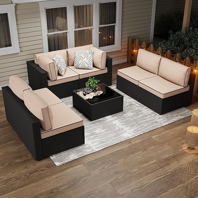 JAMFLY 7-Piece Outdoor Patio Furniture Set, Modular PE Rattan Sectional Sofa with Thick Cushions & Glass Coffee Table, Weather-Resistant Wicker Conversation Set for Poolside, Balcony, Garden, Khaki