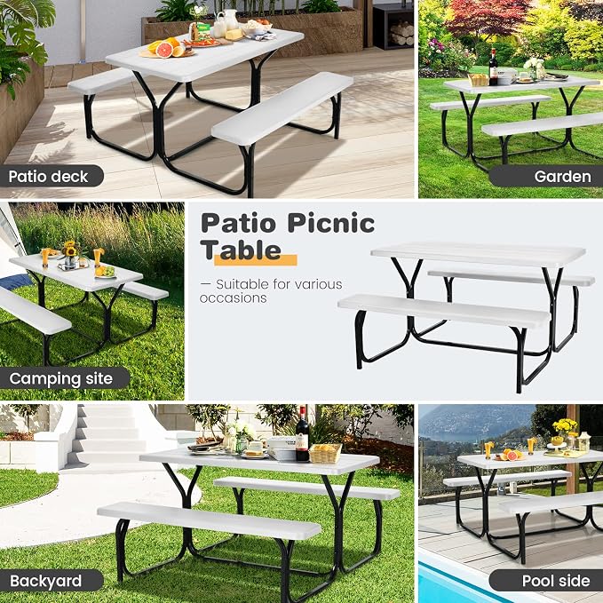 LDAILY Picnic Tables, Rectangular Picnic Table with Steel Frame, 2 Benches Set, HDPE Tabletop, Plastic Picnic Table for Outdoor, Camping, Patio, Lawn, Yard, Picnic Parties (White)