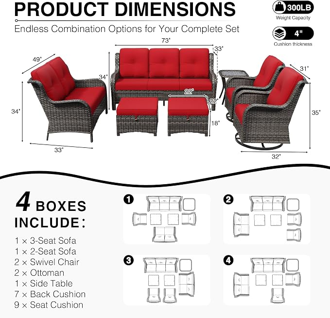 Joyside 7 Piece Wicker Patio Furniture Set, Outdoor Swivel Rocker Patio Chairs with High Back, Deep Seating, Wide Armrest, Thickened Cushions, Outdoor Furniture for Deck, Porch Use