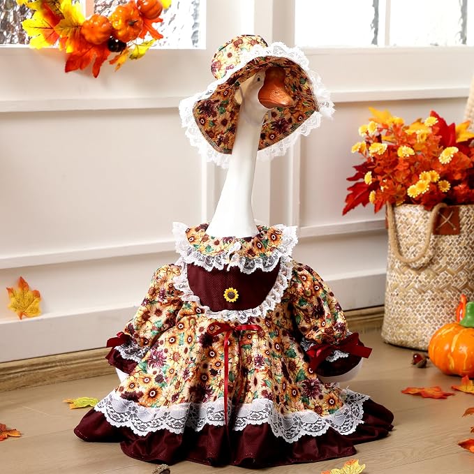 Soulchen 1 Set Fall Porch Goose Outfit 23" Thanksgiving Sunflower Cement Goose Clothes Dress and Hat Costume Set for Autumn Yard Lawn Outdoor Garden Patio Decor