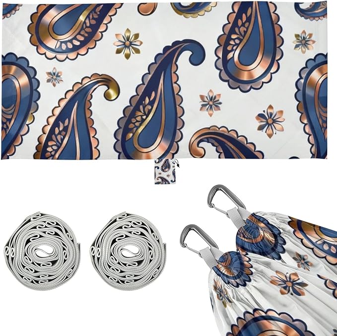 Blue Paisley Outdoor Hammocks with Tree Straps Fabric Hammock for Camping & Hiking Essential