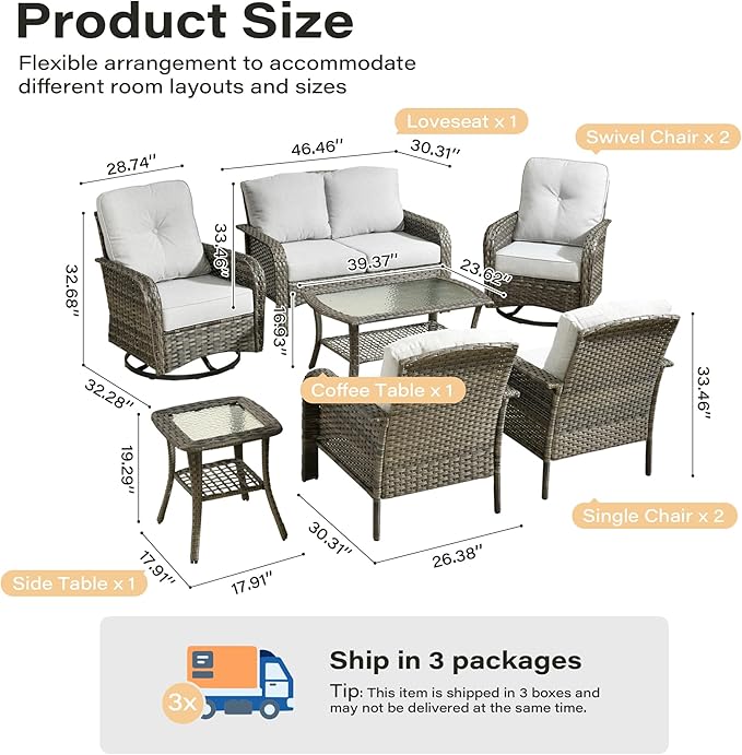 7 Pieces Patio Conversation Sets,Patio Furniture Set with Swivel Rocking Chairs,Coffee Table, Side Table, All Weather Rattan Wicker Outdoor Sectional Furniture Set for Porch Balcony Backyard Gray