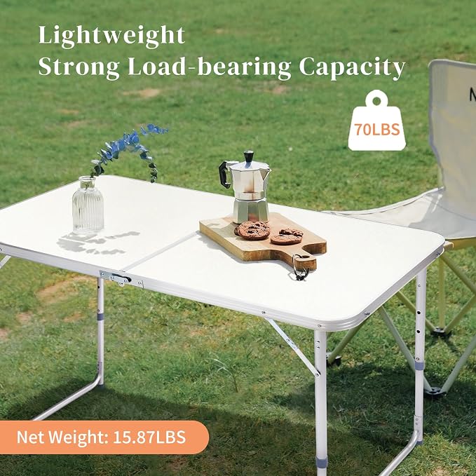 Aluminum Folding Camping Table,4ft Portable Folding Outdoor Table, 3 Adjustable Heights Lightweight Aluminum Table, with Carry Handle for Camping, Beach, BBQ,，Party，Camp Kitchen