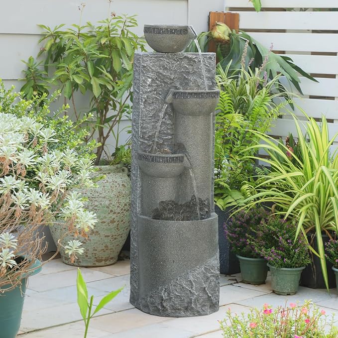 39.8" Tall 4-Tier Outdoor Water Fountain with LED Lights and Pump, Natural Cascading Waterfall Feature for Garden, Patio, Yard, Porch & Deck Décor – Gra
