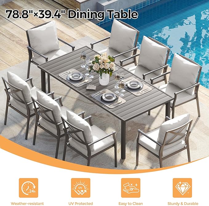 HAPPATIO Patio Dining Set, Metal Outdoor Table and Chairs Set for 8, Powder-Coated Steel Chairs with Thick Cushions, 80" Rectangular Table with 1.9" Umbrella Hole for Deck Backyard Lawn