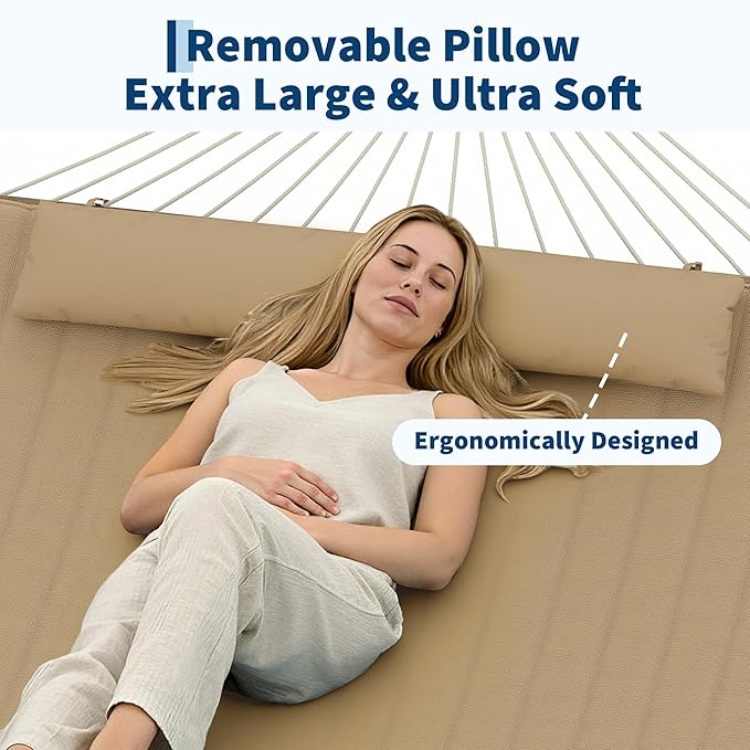2 Person 12FT Hammocks for Outside, Double Quilted Fabric Outdoor Hammock with Spreader Bar, Large Removable Pillow, Storage Pockets, Carabiners, Max 450 Lbs Capacity