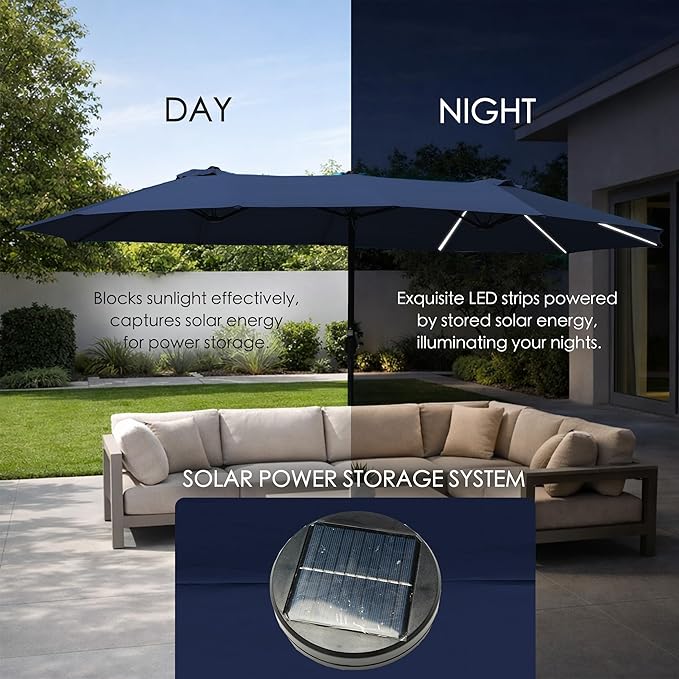 Kozyard 15 FT Rectangular Double-Sided Patio Umbrella with Solar Lights, Outdoor Patio Umbrella with Crank Lift, Base Included, UV-Resistant for Pool, Backyard & Garden NavyBlue