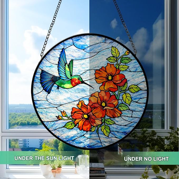 Stained Glass Window Hanging - Colorful Hummingbird Poppy Suncatcher for Windows Doors Home Decor, Hummingbird Red Flowers Sun Catcher Gift for Women Mom Nana Bird Lovers Christmas Mother's Day Birthd