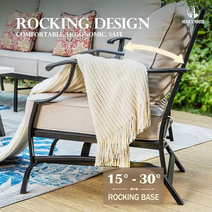 HERA'S HOUSE 6 Piece Patio Furniture Set, 2 x Rocking Cushioned Chair, 2 x Cushioned Ottoman, 1 x 3-Seat Sofa with Marbling Coffee Table, Outdoor Conversation Set for Lawn Garden Backyard