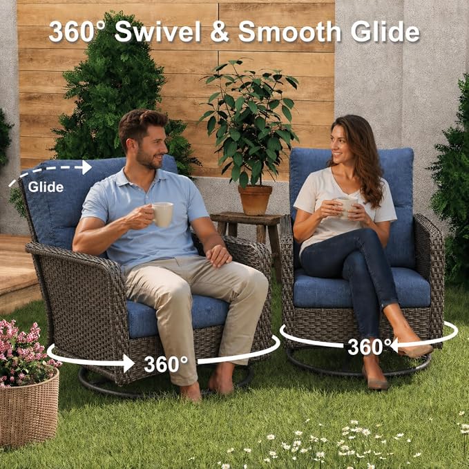 XIAO WEI 9-Piece Outdoor Furniture Set with Fire Pit Table, Wicker Patio Conversation Set with Cushions & Swivel Glide Chairs, All-Weather Patio Furniture Set for Backyard, Garden, Deck (Blue)