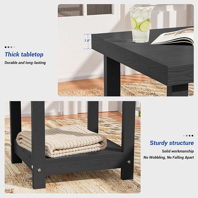 2-Tier HDPE Outdoor Square Side Table, Heavy-Duty Patio Side Table with Storage Shelf, Weather-Resistant Adirondack End Tables for Backyard, Pool, Porch, Garden, Lawn, Black